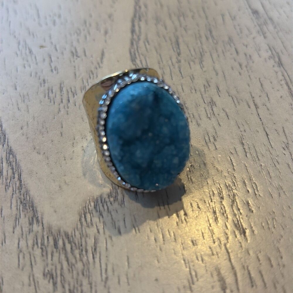 Boho Blue Stone W/Rhinestones Gold Tone Hammered Band Ring